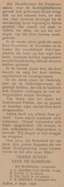 Kroningsfeest Wilhelmina - Aaltensche Courant, 10-09-1898