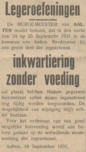 Inkwartiering legeroefeningen Aalten - De Graafschapper, 18-09-1931