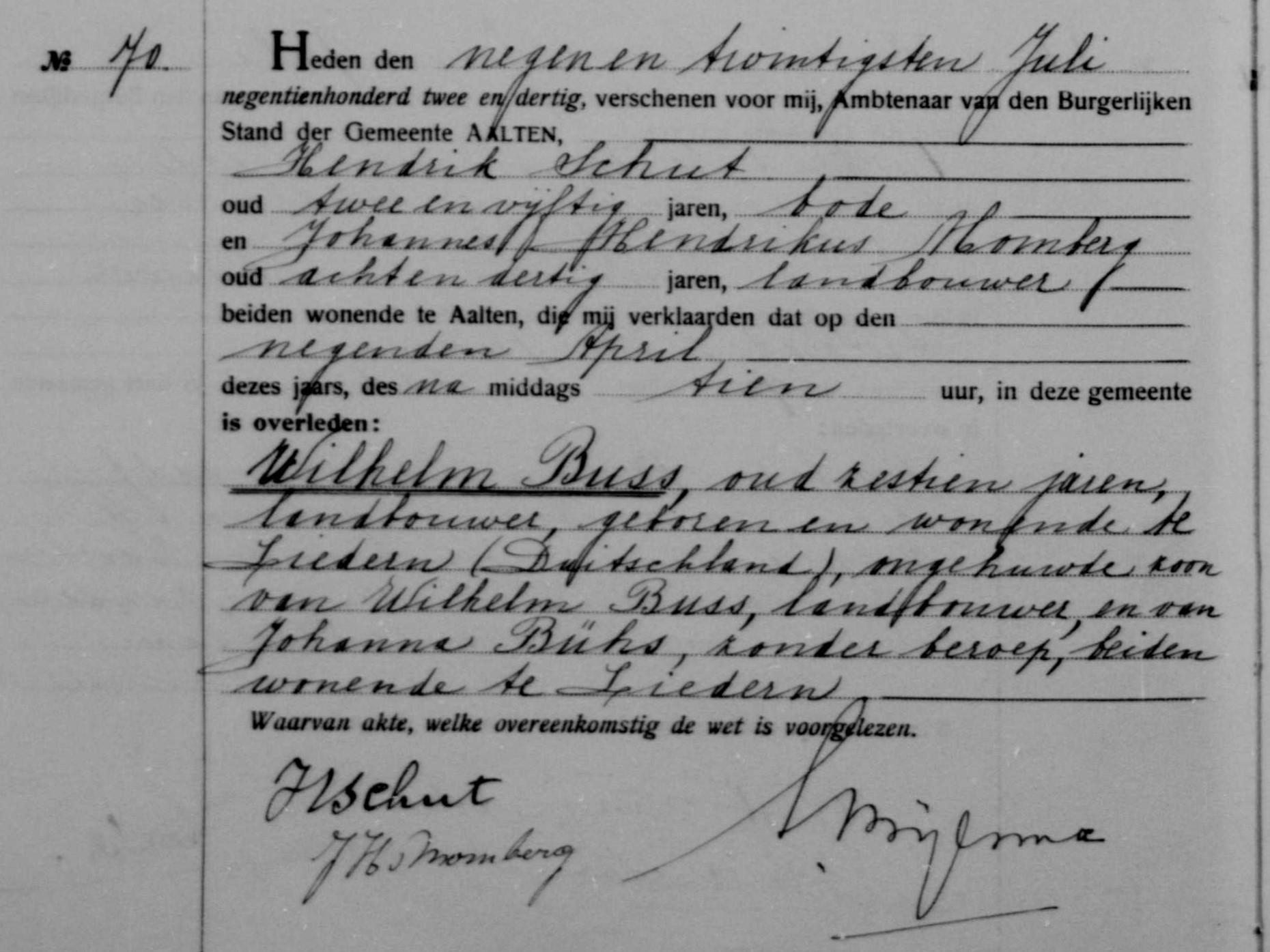 Wilhelm Buss, 9 april 1932 overleden