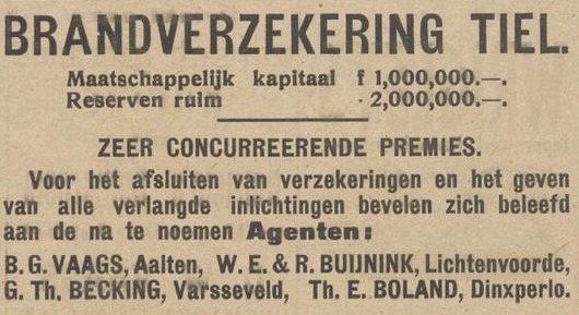 Brandverzekering Tiel (Vaags) - Aaltensche Courant, 02-04-1926