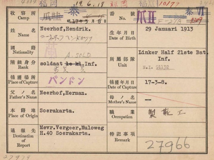 Japanse interneringskaart - Hendrik Neerhof