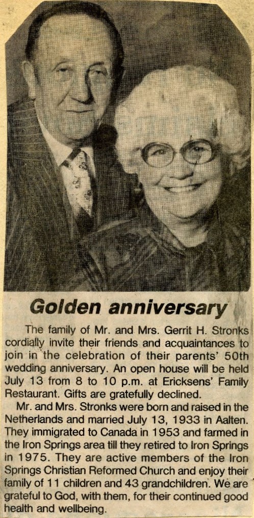 The Stronks’ 50th wedding anniversary, Iron Springs, Alberta, 1983 