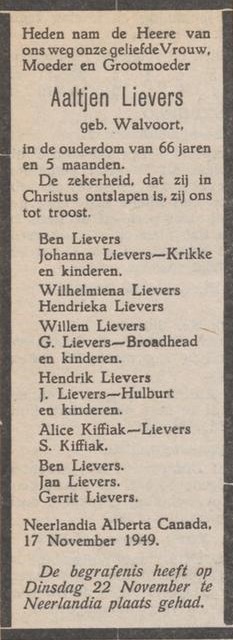 Aaltjen Lievers-Walvoort, Canada - Aaltensche Courant, 25 November 1949