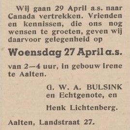Bulsink, Lichtenberg, Aalten, Canada - Aaltensche Courant, 26 April 1949