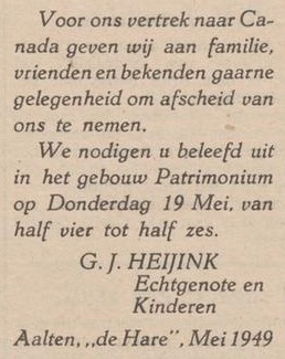G.H. Heijink, De Hare, Aalten, Canada - Aaltensche Courant, 17 May 1949