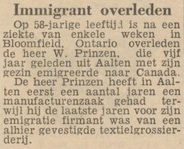 Emigrant W. Prinsen in Canada passed away - Tubantia, 13 March 1956