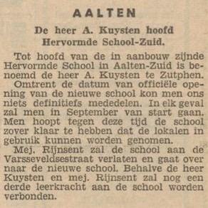 A. Kuysten hoofd Hervormde School-Zuid, Aalten - Zutphens Dagblad, 10-05-1954