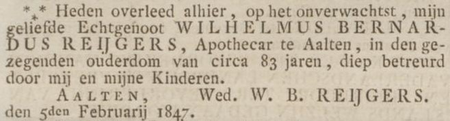 Overlijden W.B. Reijgers, Aalten - Opregte Haarlemsche Courant, 19-02-1847