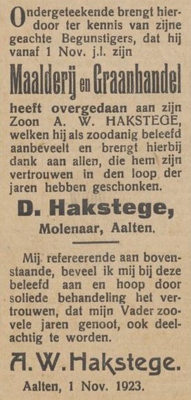 Molen van Hakstege, Aaltensche Courant, 02-11-1923