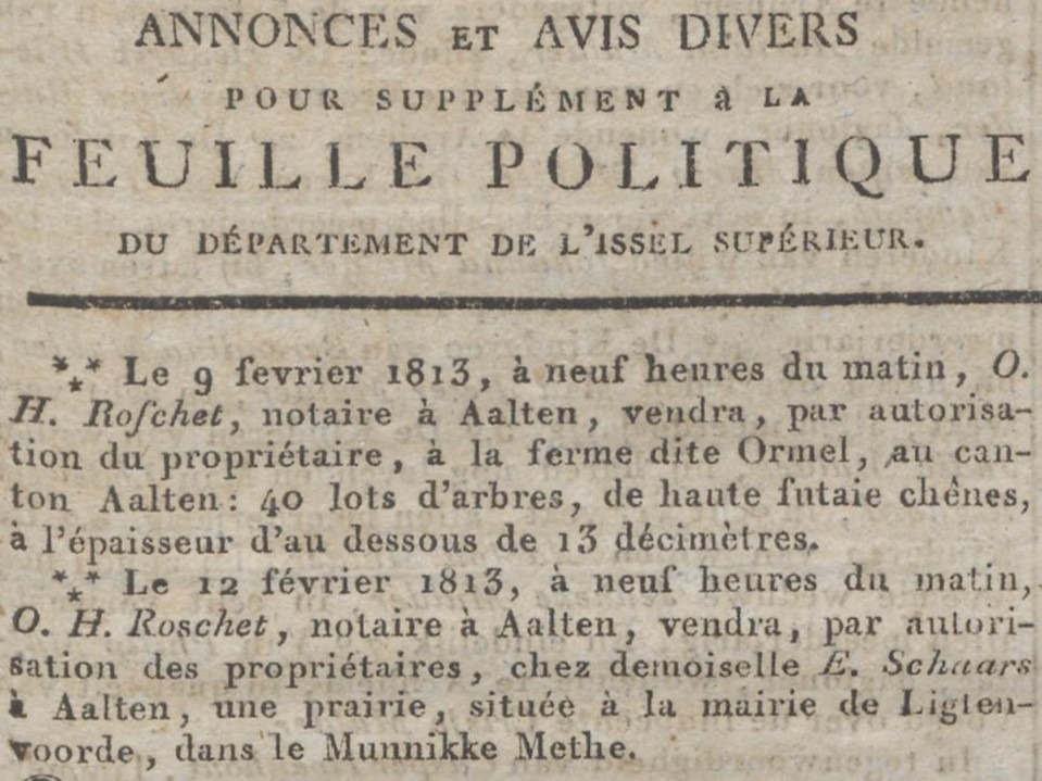 Notaris O.H. Roschet, Aalten - Staatkundig Dagblad van het Departement van den Boven-Ĳssel, 02-02-1813