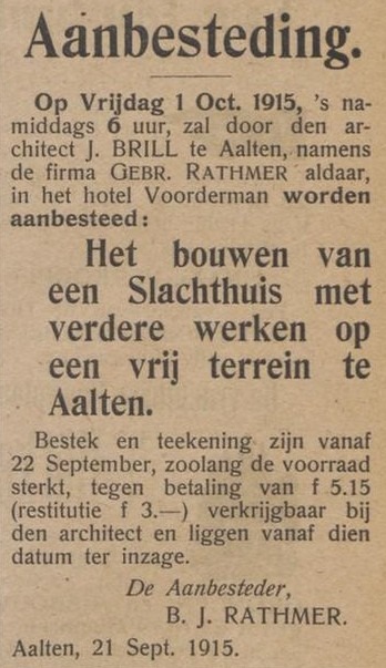 Aanbesteding slachthuis Rathmer, architect J. Brill - Aaltensche Courant, 22-09-1915