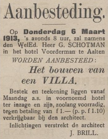 Aanbesteding villa Schotman, architect J. Brill - Aaltensche Courant, 22-02-1913