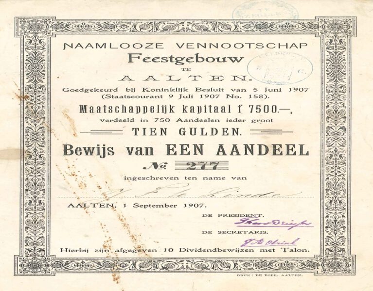 Aandeel Feestgebouw Aalten, 1907