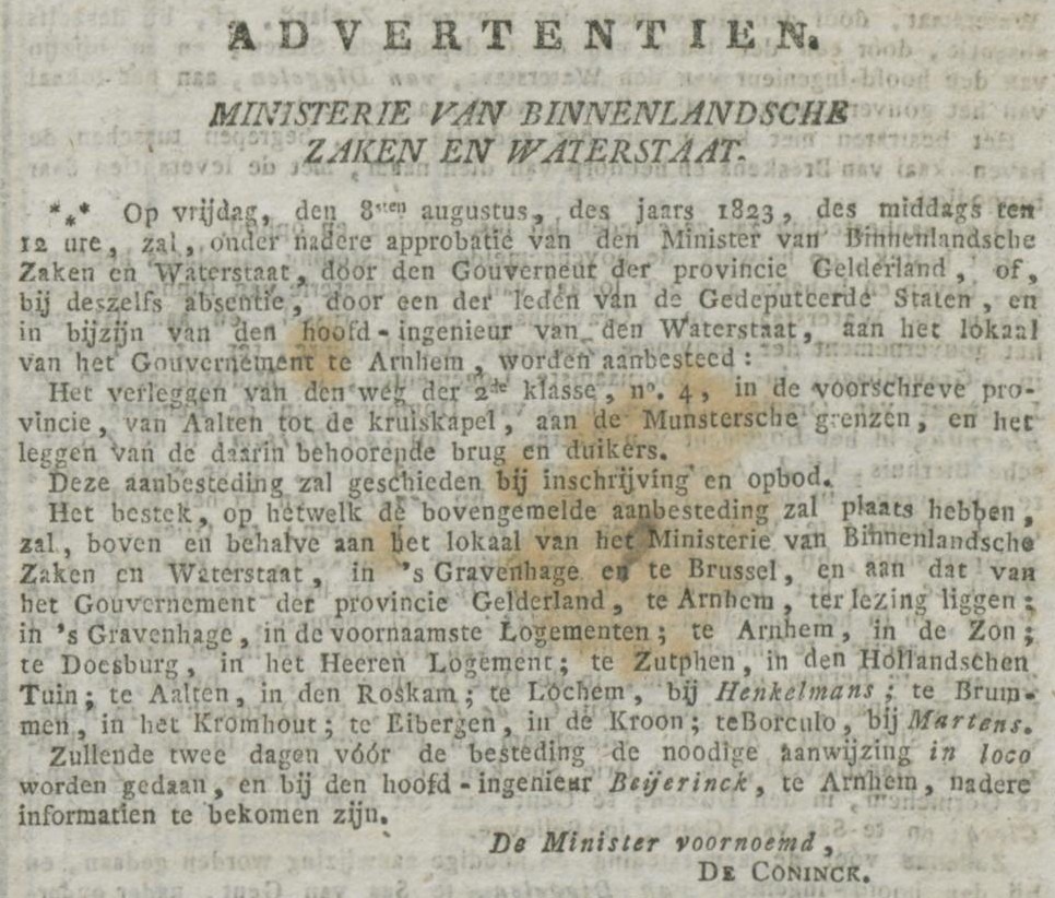 Logement De Roskam, Aalten - Nederlandsche Staatscourant, 19-07-1823