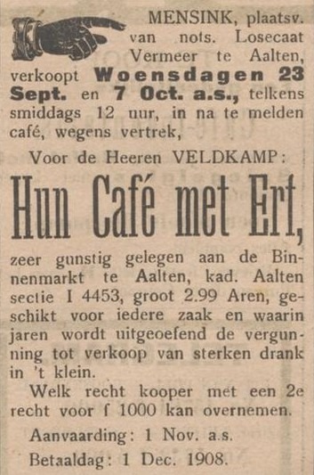 Markt 10, Aalten (Café Veldkamp) - Aaltensche Courant, 12-09-1908