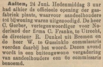 Opening Aalten Gasworks – Zutphensche Courant, 26 June 1907