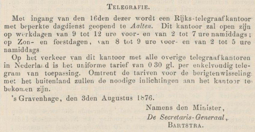 Opening Telegraafkantoor Aalten - Nederlandsche Staatscourant, 05-08-1876