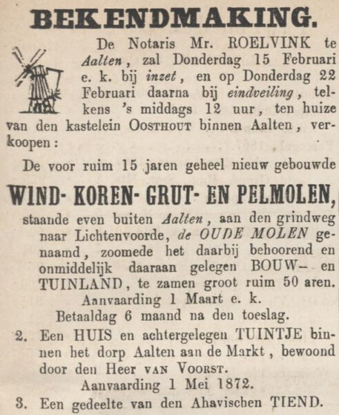 Oude Molen Aalten - Zutphensche Courant, 10-02-1872