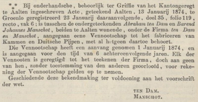 Ten Dam & Manschot - Nederlandsche Staatscourant, 02-03-1874