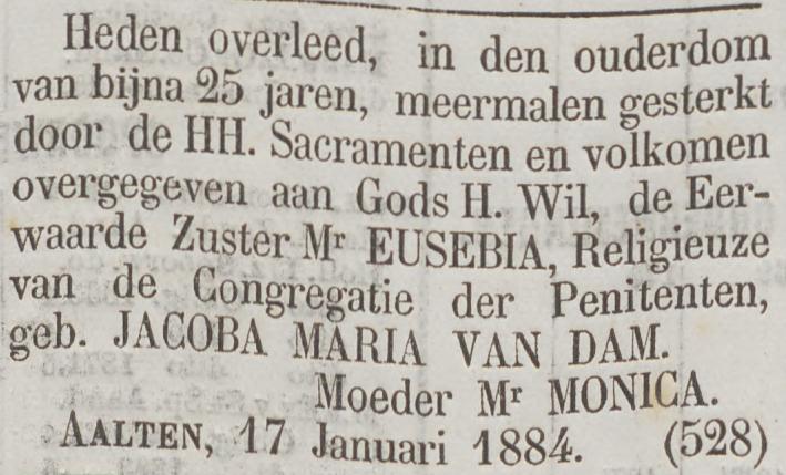 Zuster Eusebia, Aalten – De Tijd, 22-01-1884