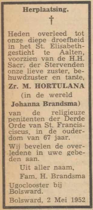 Zuster Hortulana, Aalten – Ons Noorden, 08-05-1952