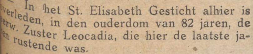Zuster Leocadia, Aalten – Aaltensche Courant, 31-05-1929