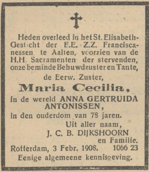 Zuster Maria Cecilia, Aalten – De Maasbode, 07-02-1908