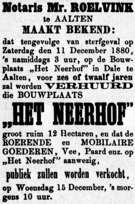 Graafschapbode 4 dec 1880 Bouwplaats Het Neerhof te huur