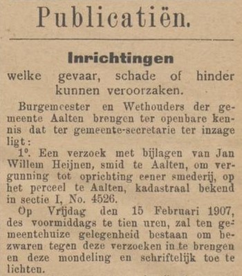 Smederij Heijnen, Dijkstraat - Aaltensche Courant, 09-02-1907
