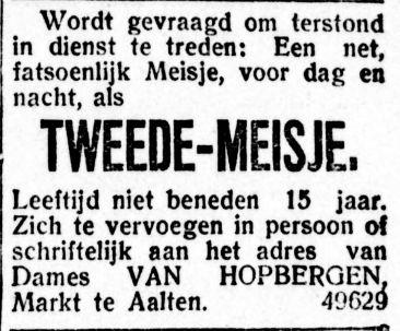 Tweede meisje gevraagd bij dames Van Hopbergen, Markt, Aalten - De Graafschapbode, 02-11-1920