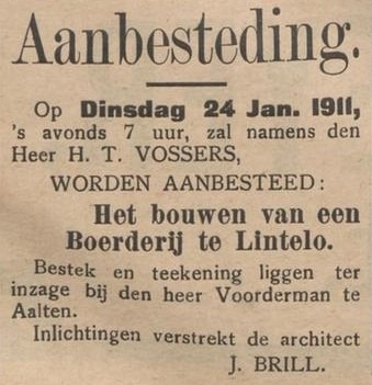 Aanbesteding Vossers Lintelo, architect J. Brill - Aaltensche Courant, 14-01-1911