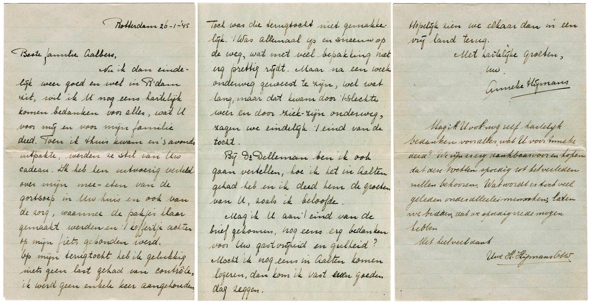 Brief Anneke Hijmans aan de familie Aalbers in IJzerlo, 26-01-1945