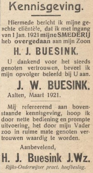 Buesink smederij - Aaltensche Courant, 04-03-1921