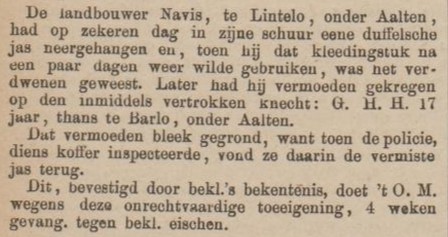 Diefstal jas, Lintelo - Zutphensche Courant, 03-06-1893