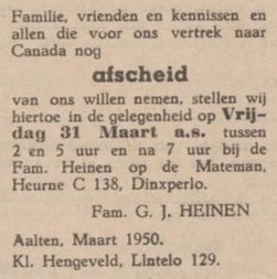 G.J. Heinen, Canada - Aaltensche Courant, 28 March 1950