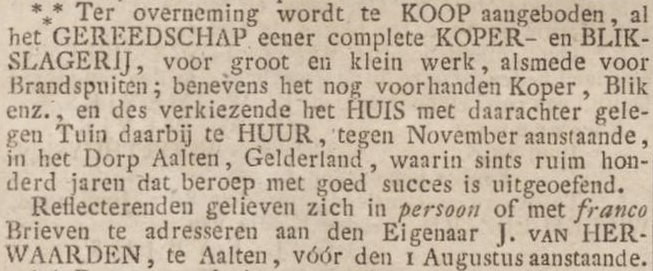 Van Herwaarden Coppersmith Workshop, Aalten – Opregte Haarlemsche Courant, 13 June 1846