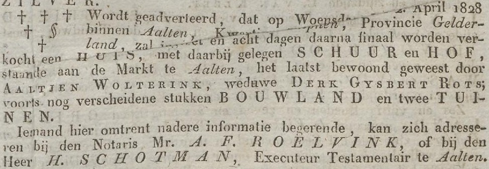 Markt 9, Aalten - Arnhemsche Courant, 25-03-1828