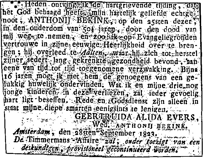 Overlijden Anthonij Bekink, 25-09-1823