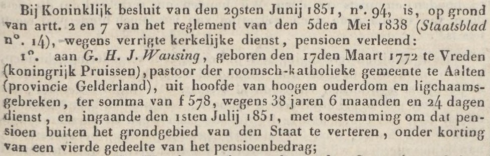 Pensioen pastoor Wansing, Aalten - Nederlandsche Staatscourant, 15-07-1851