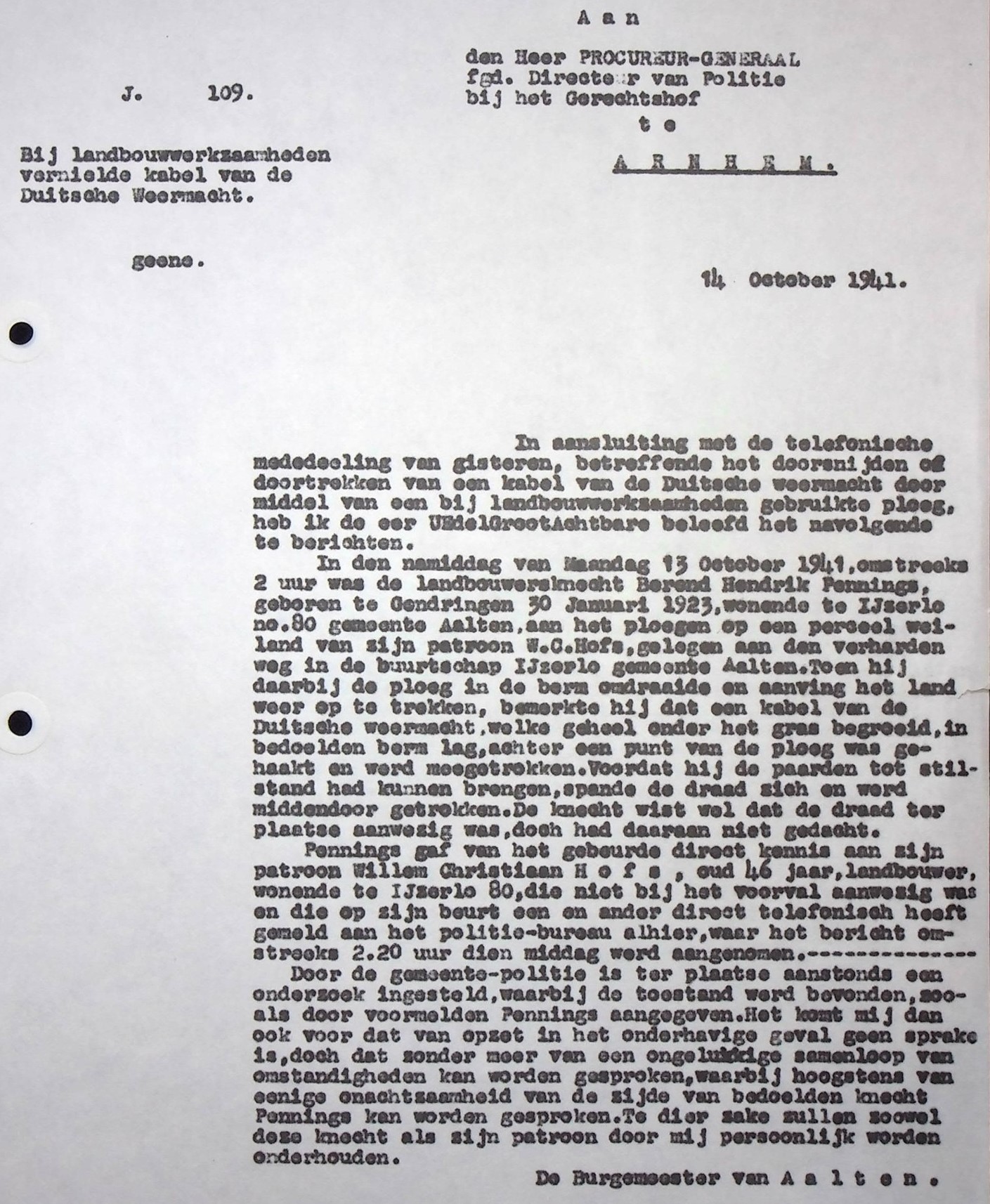 Duitse kabel vernield in IJzerlo, 1941