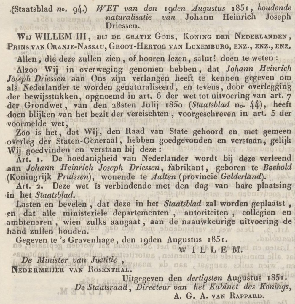 Heinrich Driessen, naturalisation - Nederlandsche Staatscourant, 30 August 1851