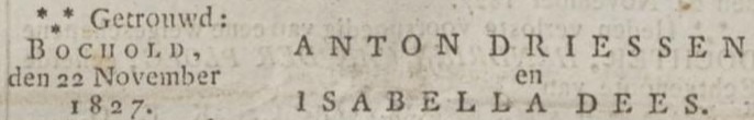 Huwelijk Anton Driessen & Isabella Dees - Opregte Haarlemsche Courant, 29-11-1827