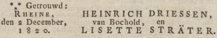 Marriage Heinrich Driessen &amp; Lisette Sträter - Opregte Haarlemsche Courant, 7 December 1820