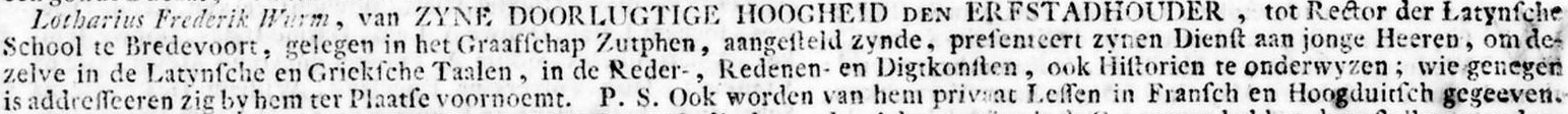 Latin School, Bredevoort – Oprechte Haerlemsche Courant, 29 October 1765