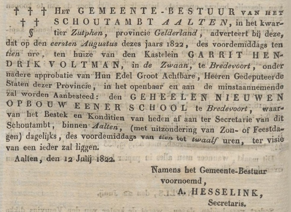 Nieuwe school Bredevoort - Arnhemsche Courant, 20-07-1822