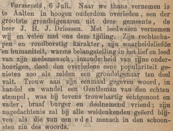 Passing of Heinrich Driessen, Aalten - Zutphensche Courant, 8 July 1879