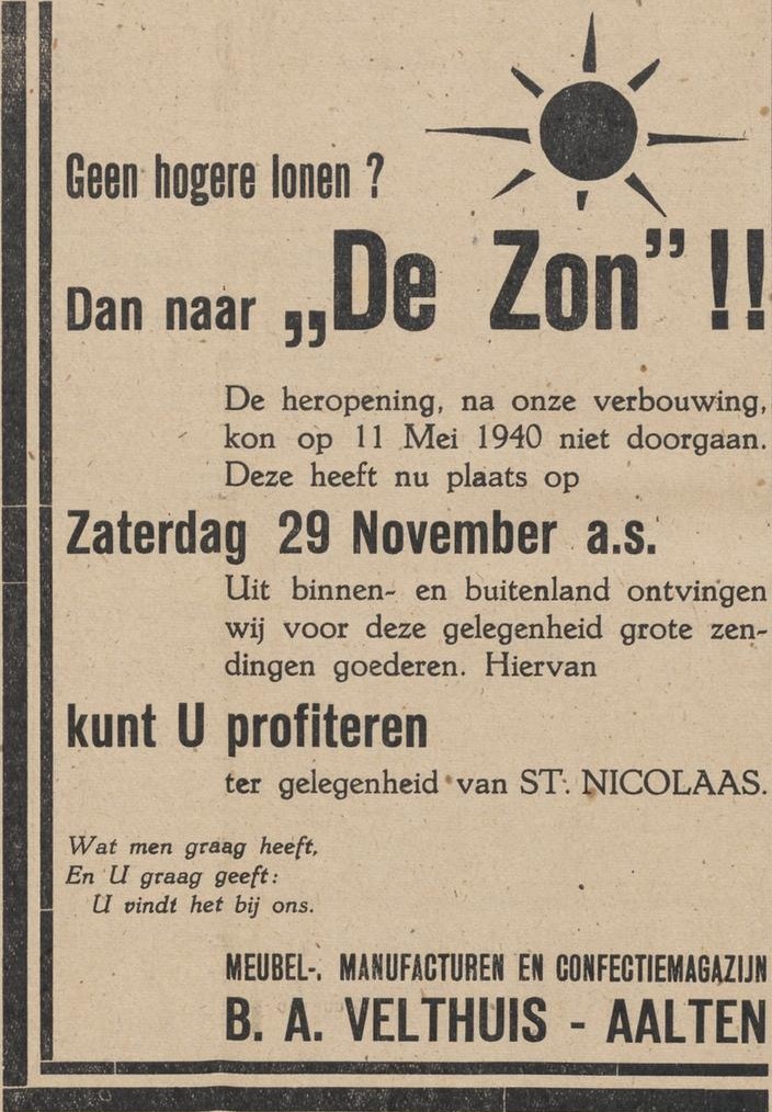B.A. Velthuis 'De Zon' - Aaltensche Courant, 28-11-1947