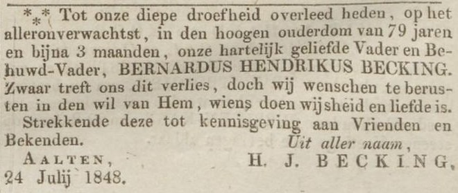 Becking, Aalten - Opregte Haarlemsche Courant, 29-07-1848