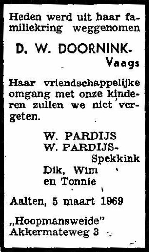 Overlijdensadvertentie, 5 maart 1969