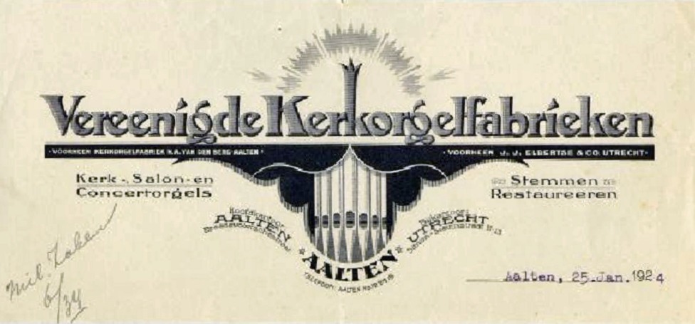 Kerkorgelfabriek Aalten, briefhoofd 1924
